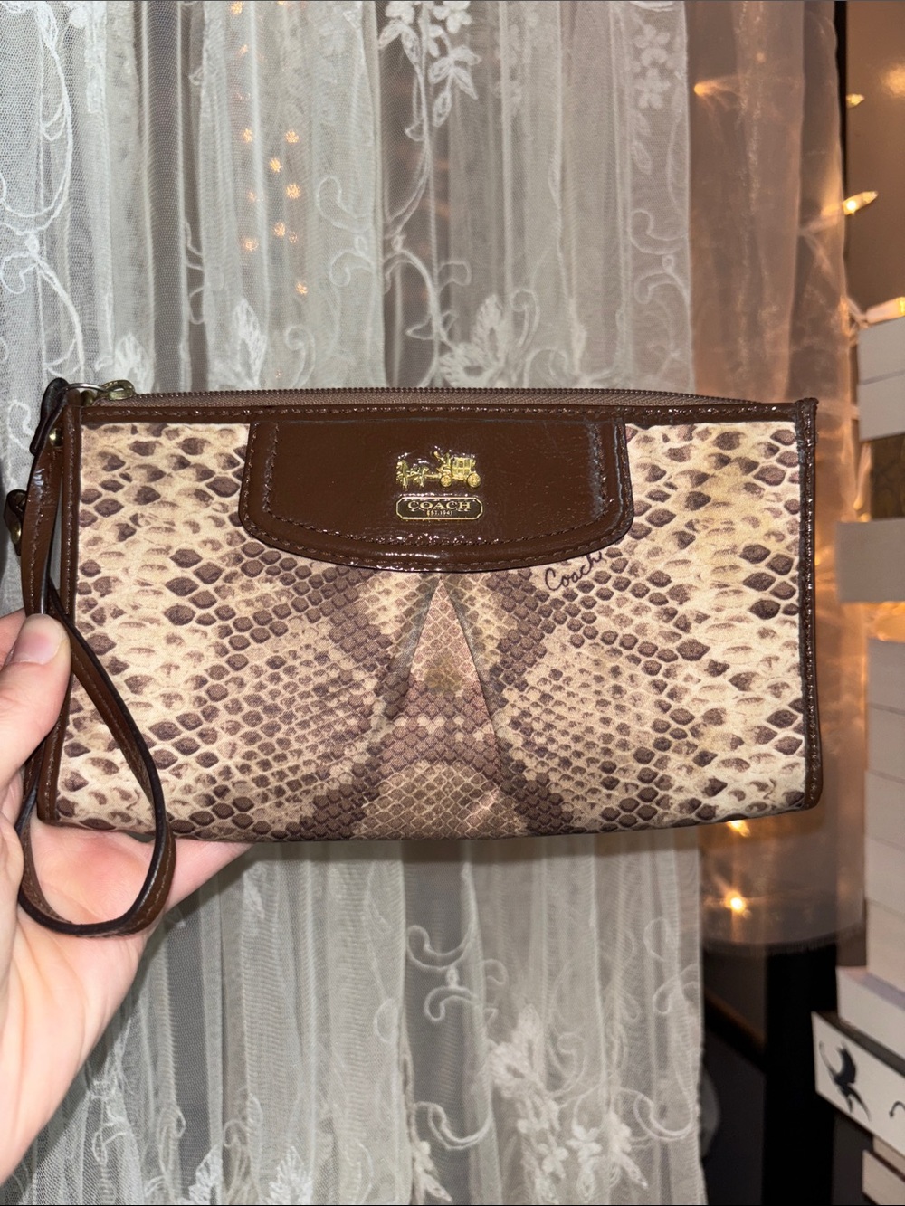 Coach Snake-Print Wristlet in Brown and Cream - Picture 2 of 4